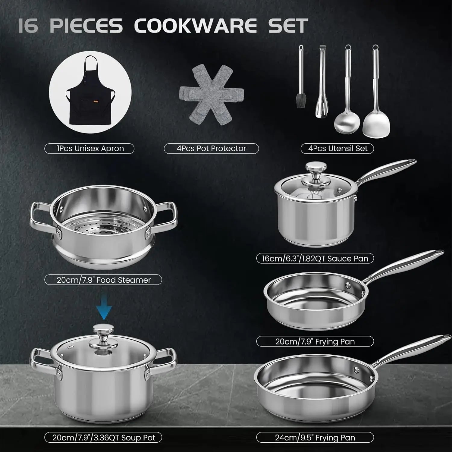 16PCs Stainless Steel Cookware Set with Steamer