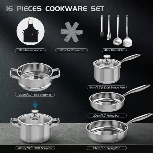 16PCs Stainless Steel Cookware Set with Steamer