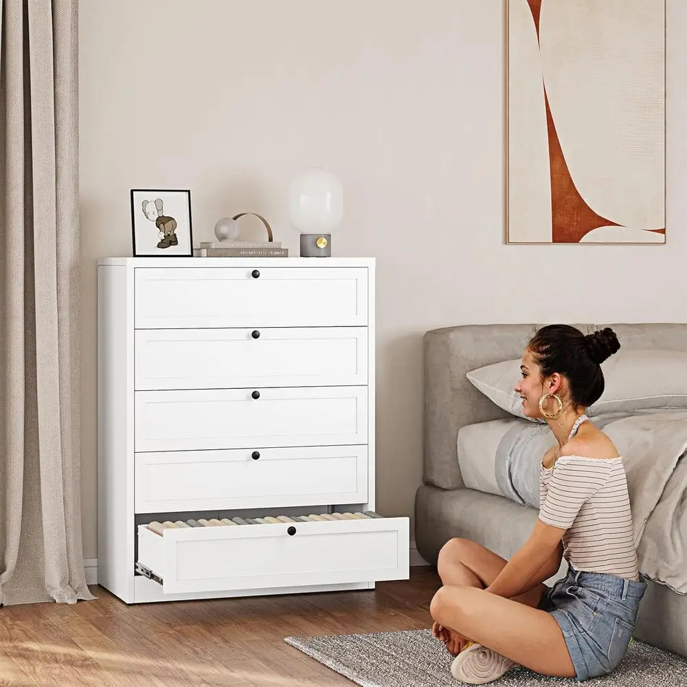 Elegant Tall White Drawer Unit with 5 Metal Closet Drawers, Ideal for Bedroom, Entryway Storage Solutions