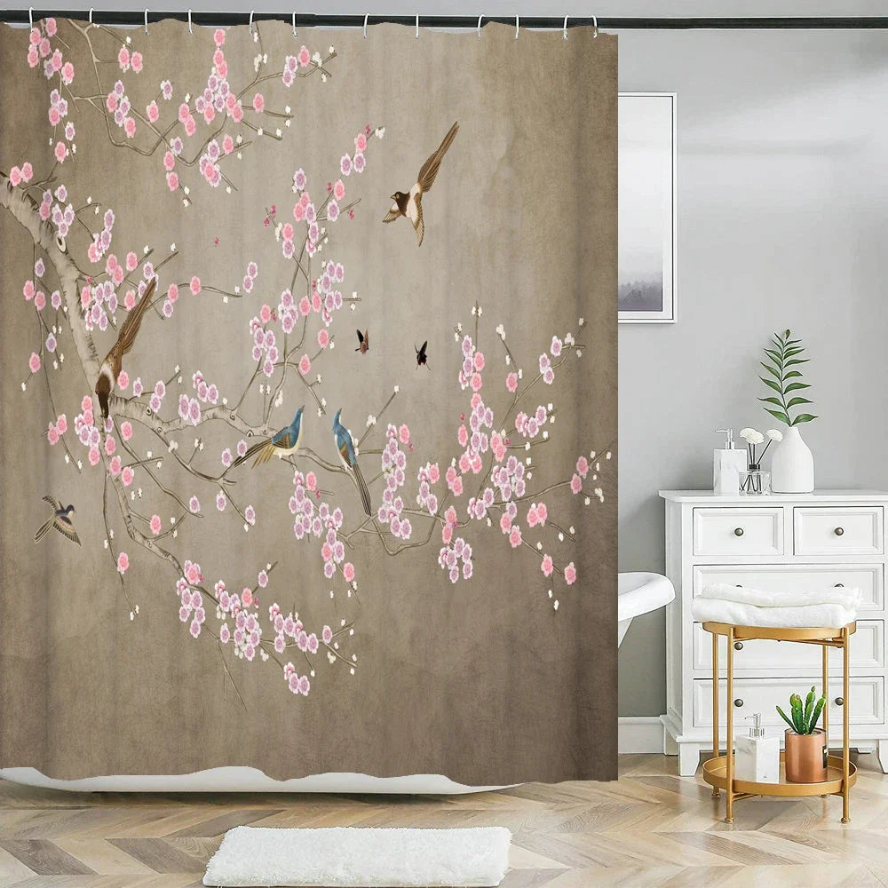 Chinese Style Flower and Birds Tree Shower Curtains