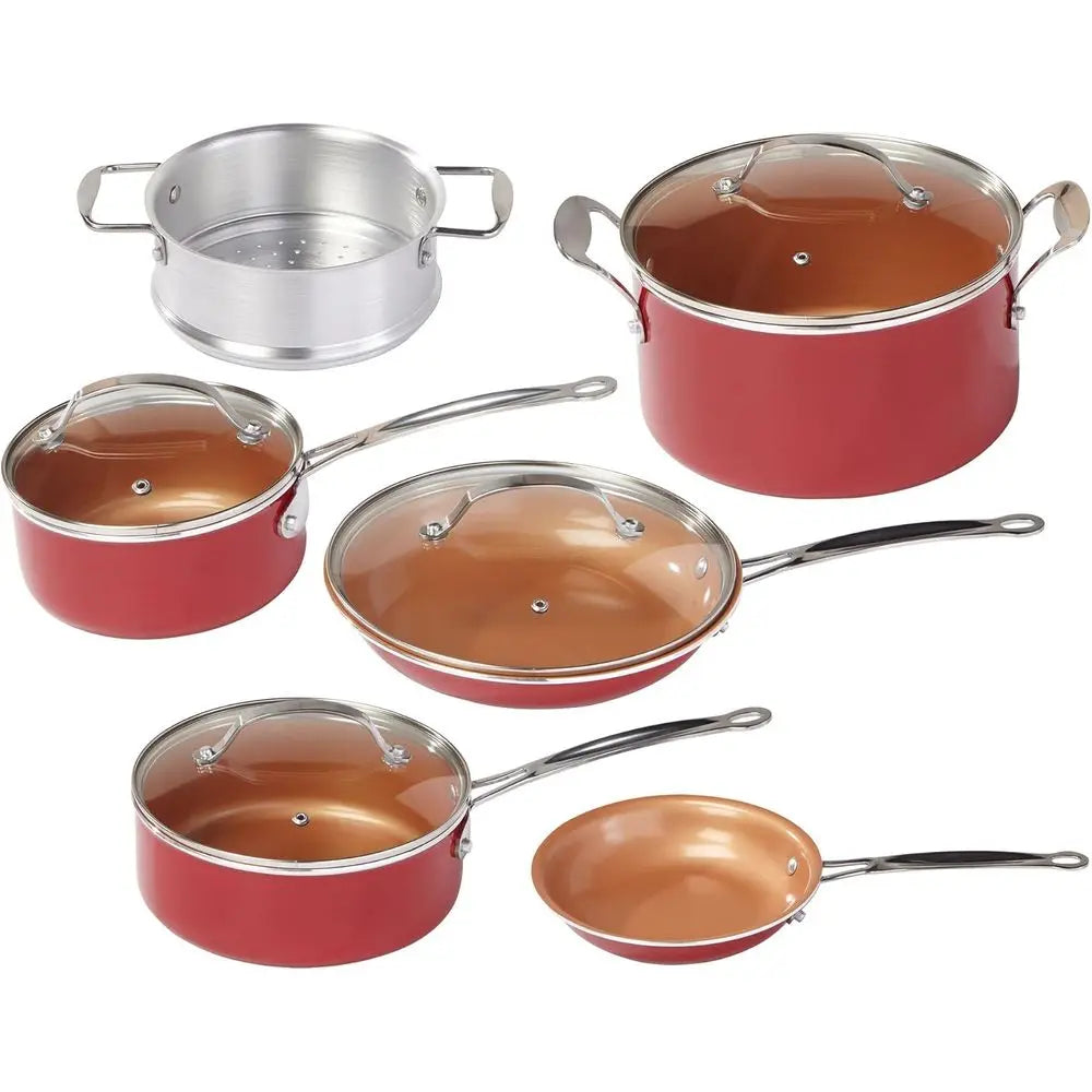 10 Pcs Red Copper Cookware Set Copper-Infused Ceramic Non-Stick Pots Pans Kitchen Cooking Tools