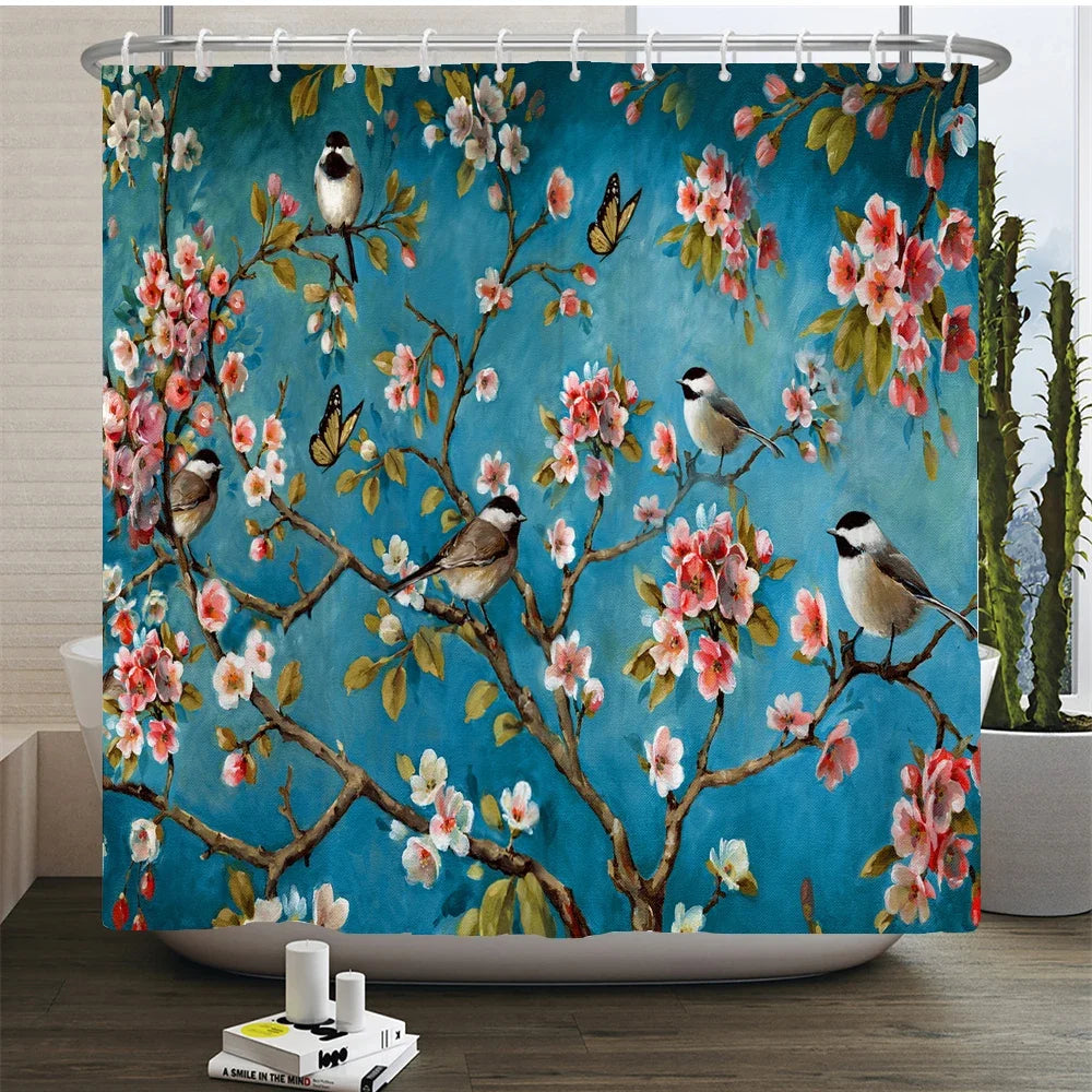 Chinese Style Flower and Birds Tree Shower Curtains