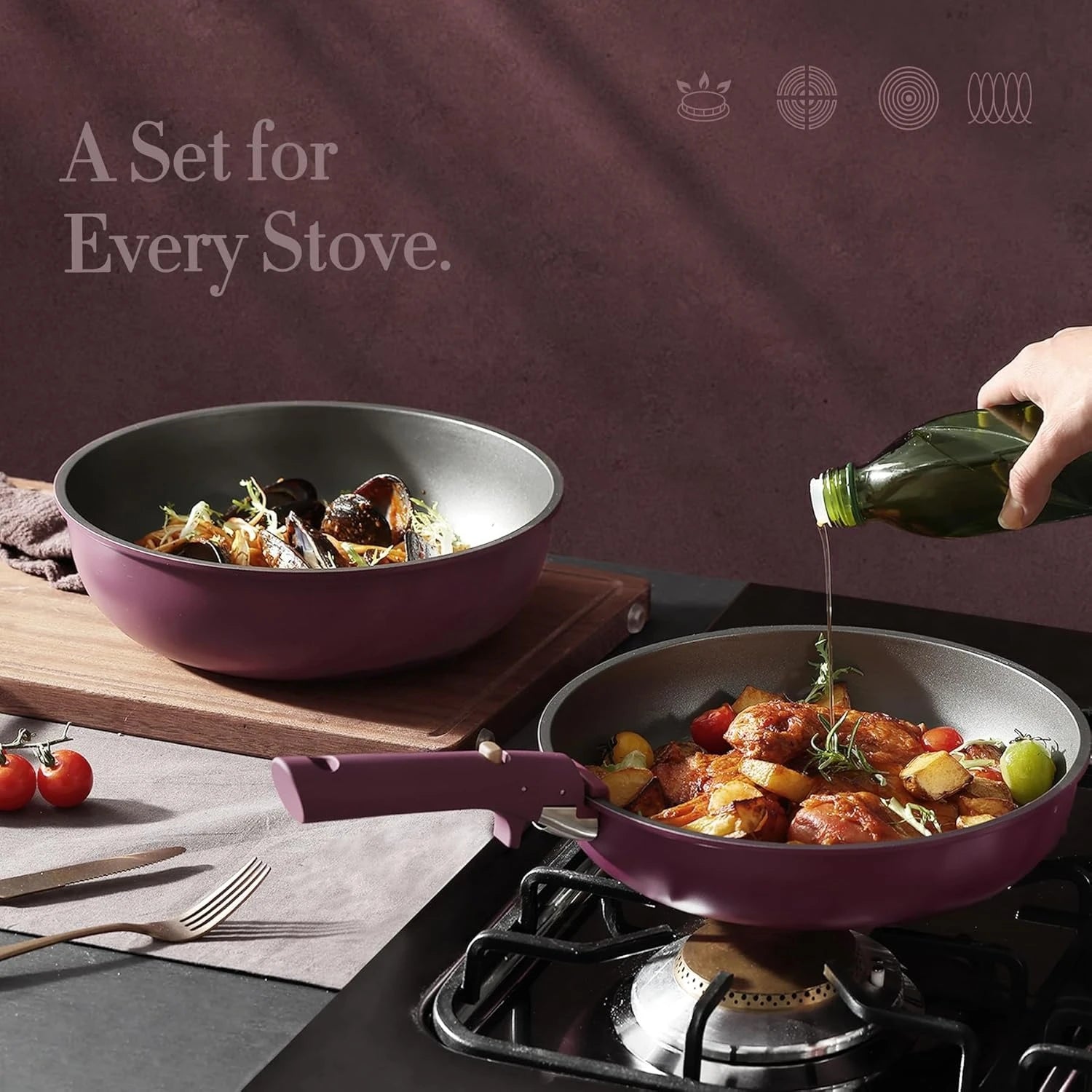Gold Purple Nonstick pots and pans Cookware Set
