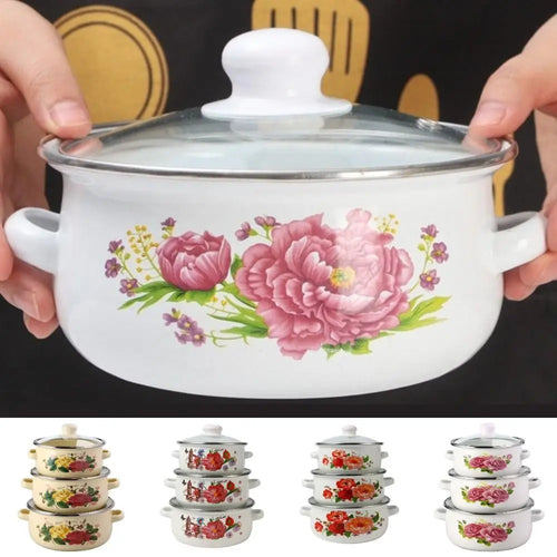 3pcs 16/18/20cm Pot Visible with Lid Kitchen Cookware Set Multi-Purpose Floral Cooking Tools Gas Induction Cooker