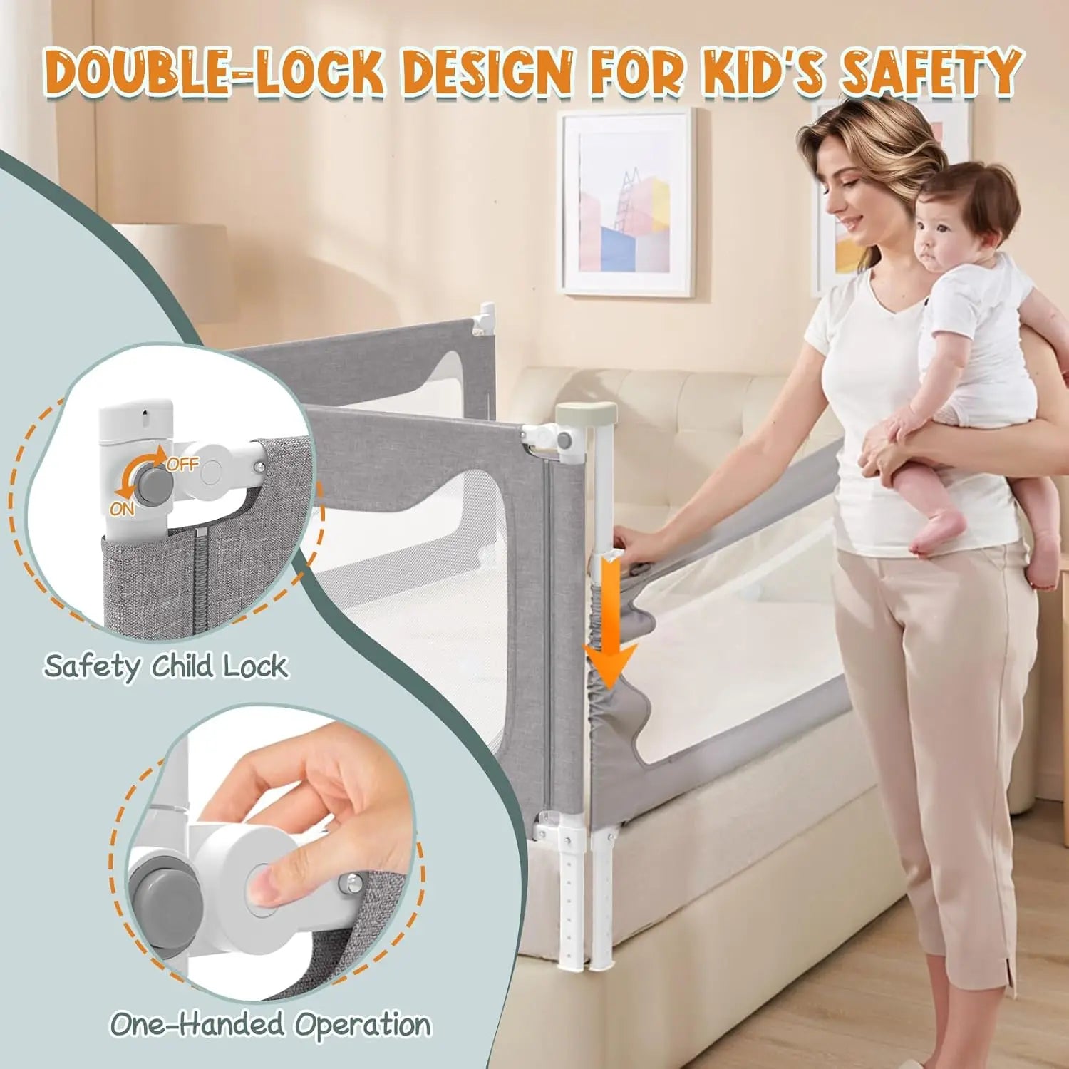 Bed with Safety Side Rails with Child Lock