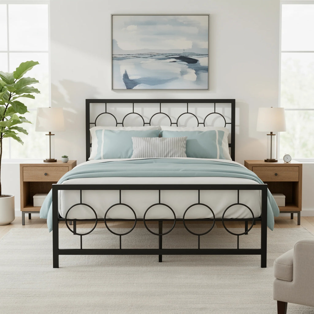 Metal Platform Bed Frame with Vintage Circular Headboard & Footboard,
