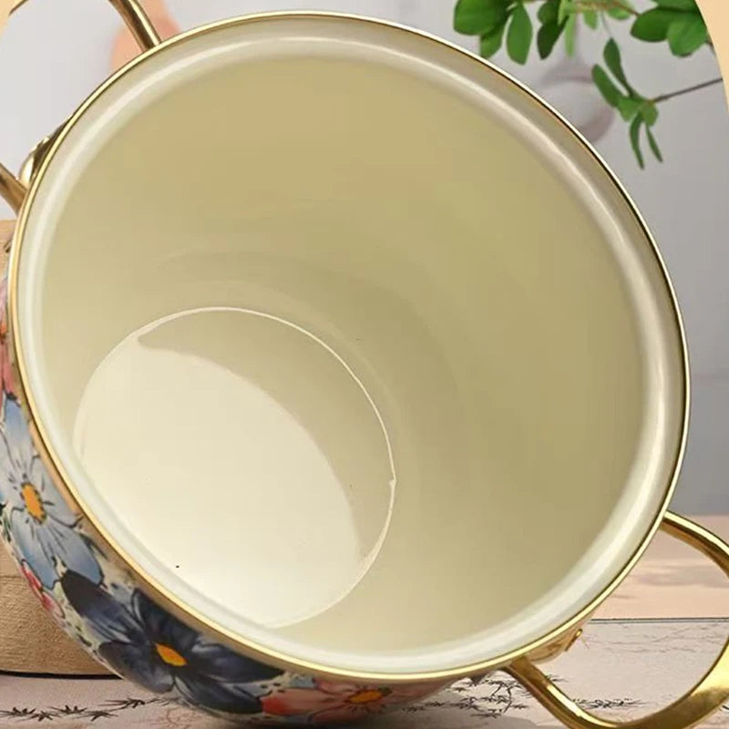 Cookware Enamel Stew Pot Double Handle Classical Flowers Thickened Cooking Pan