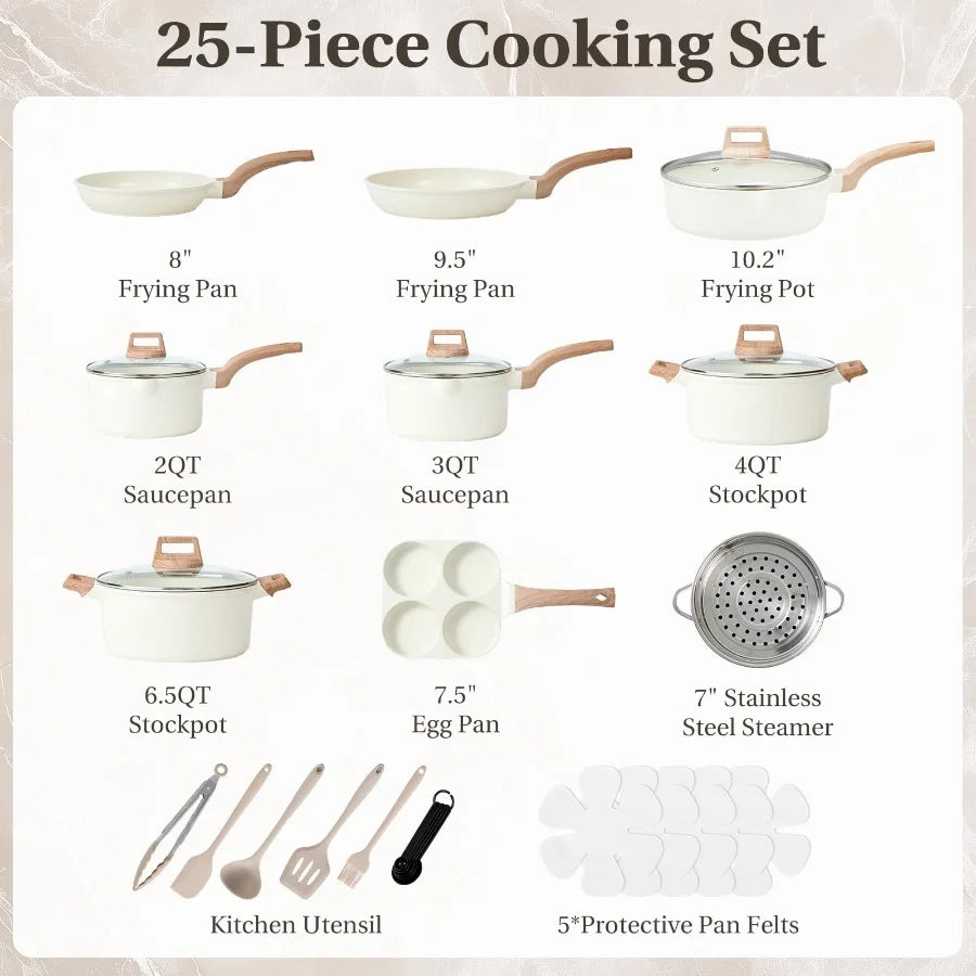 Nonstick Cooking Set 25 Pcs White Granite Pots and Pans for Induction Cooktops Durable Lightweight Kitchen Cookware with Lids