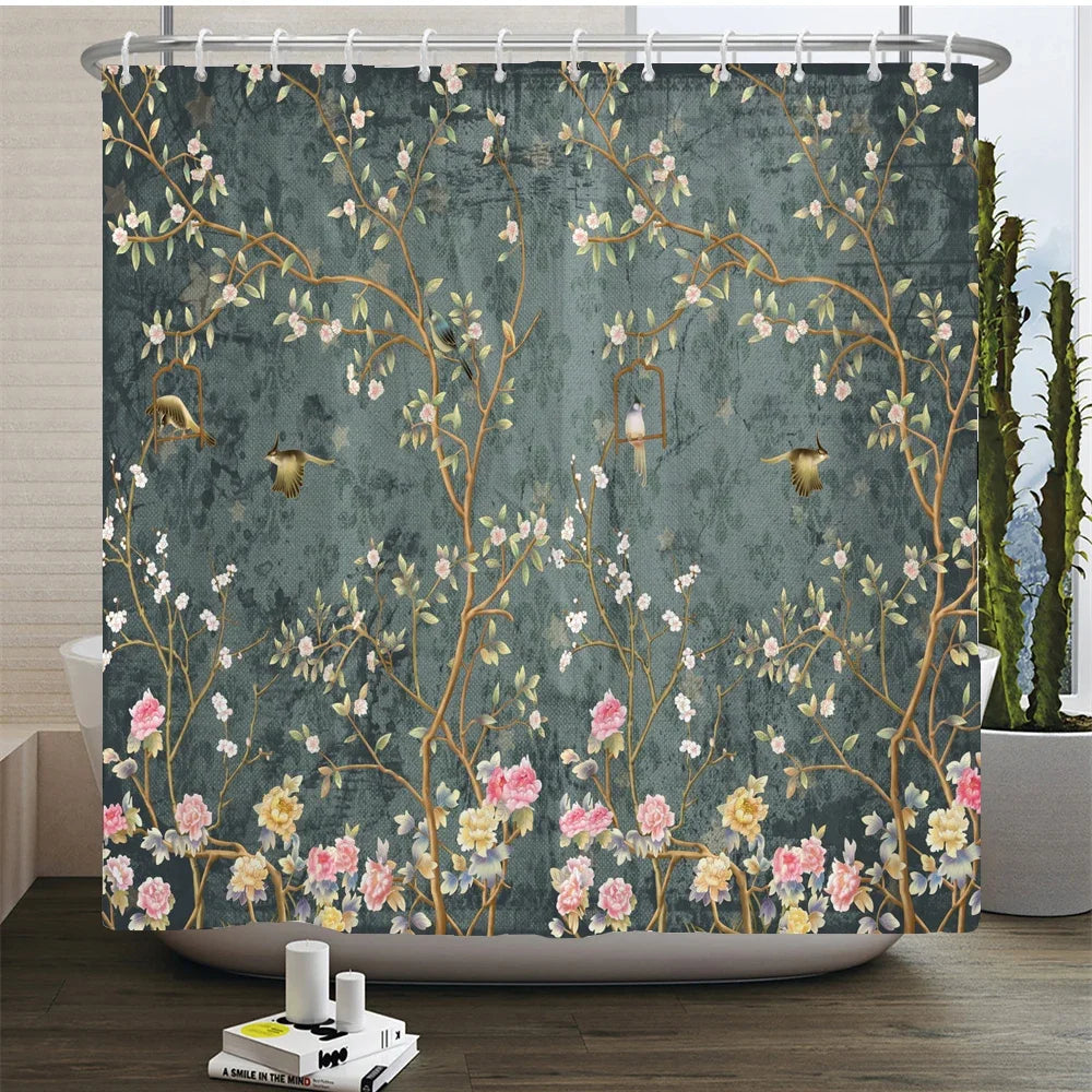 Chinese Style Flower and Birds Tree Shower Curtains