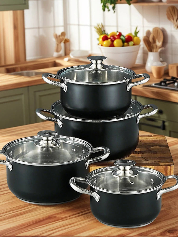 8Pcs Stainless Steel Cookware Set Anti-Scratch Universal Cooking Pot Combination Stockpot Cookware Suit for Soup Cooking Stove
