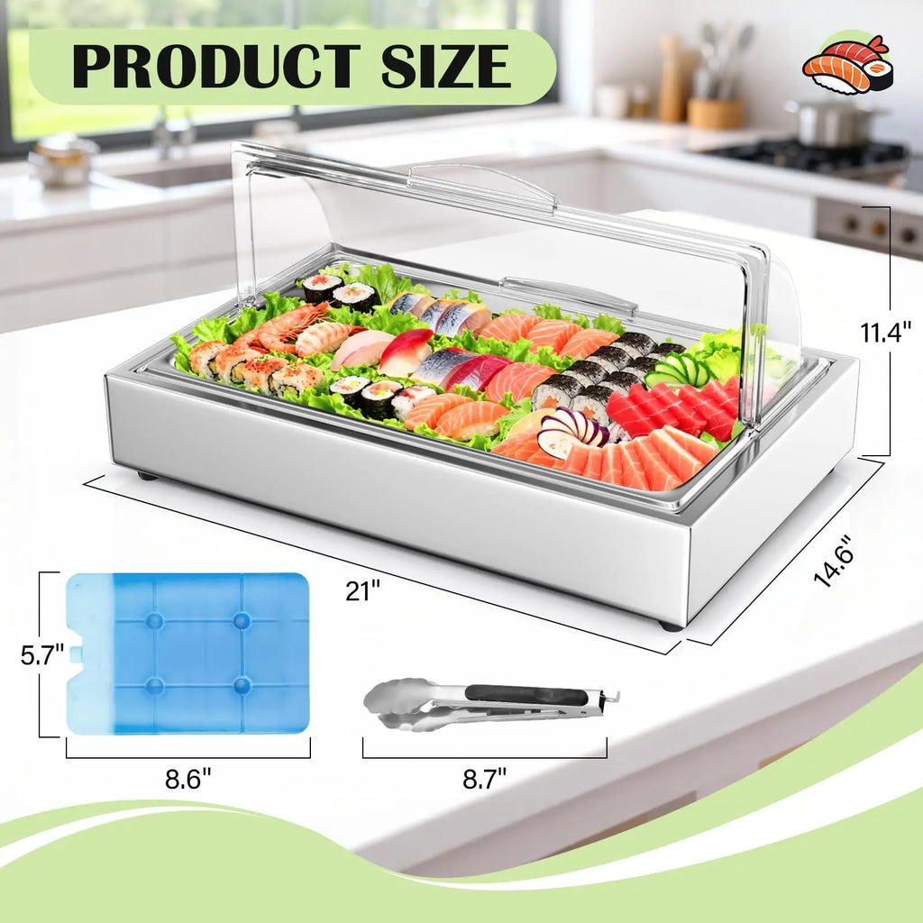 Ice Food Serving Display Tray with Clear Roll Top Cover