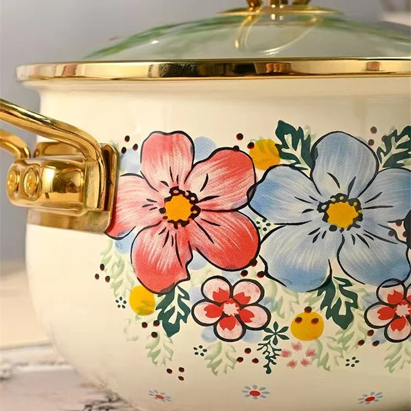 Cookware Enamel Stew Pot Double Handle Classical Flowers Thickened Cooking Pan