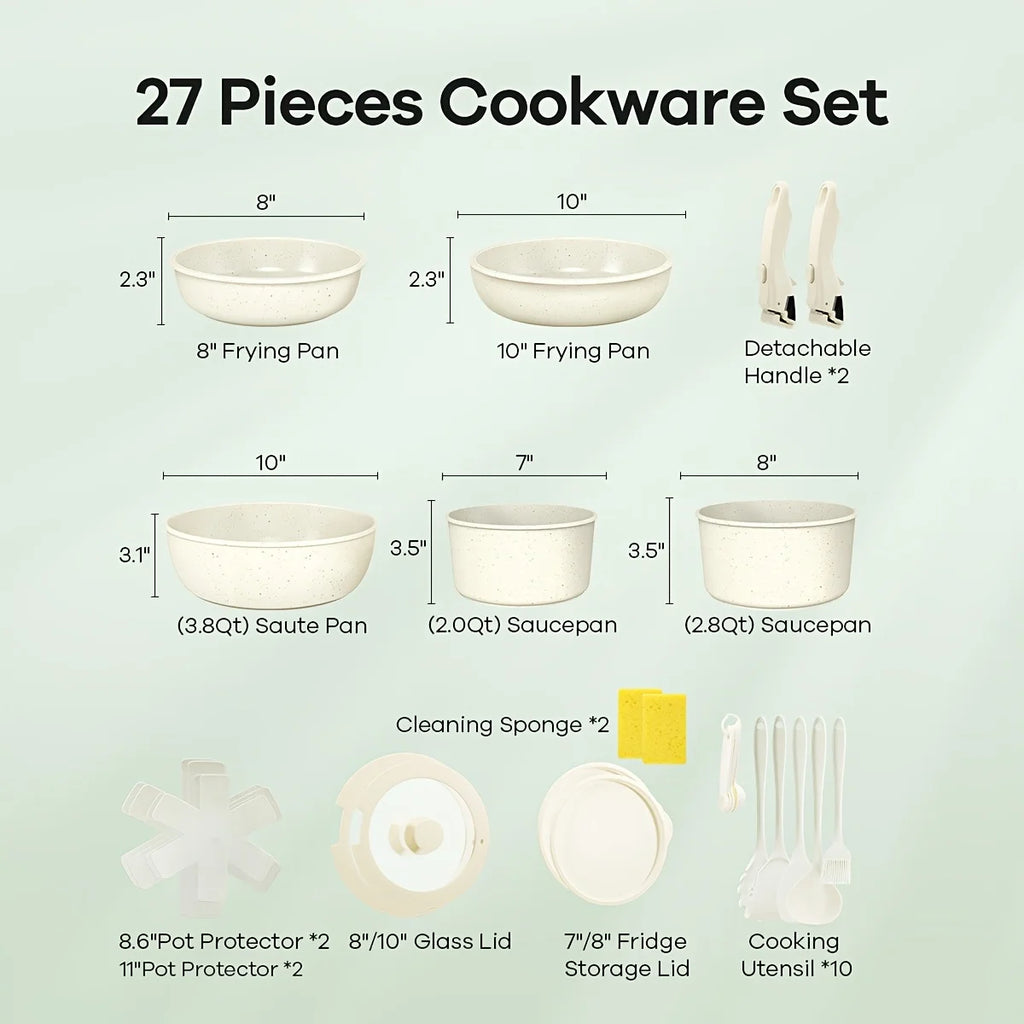 23Pcs/27pcs Nonstick Cookware Set, Pots, Non Toxic Cookware Sets Induction, Pots And Pans with Removable Handles, Cooking Set, O