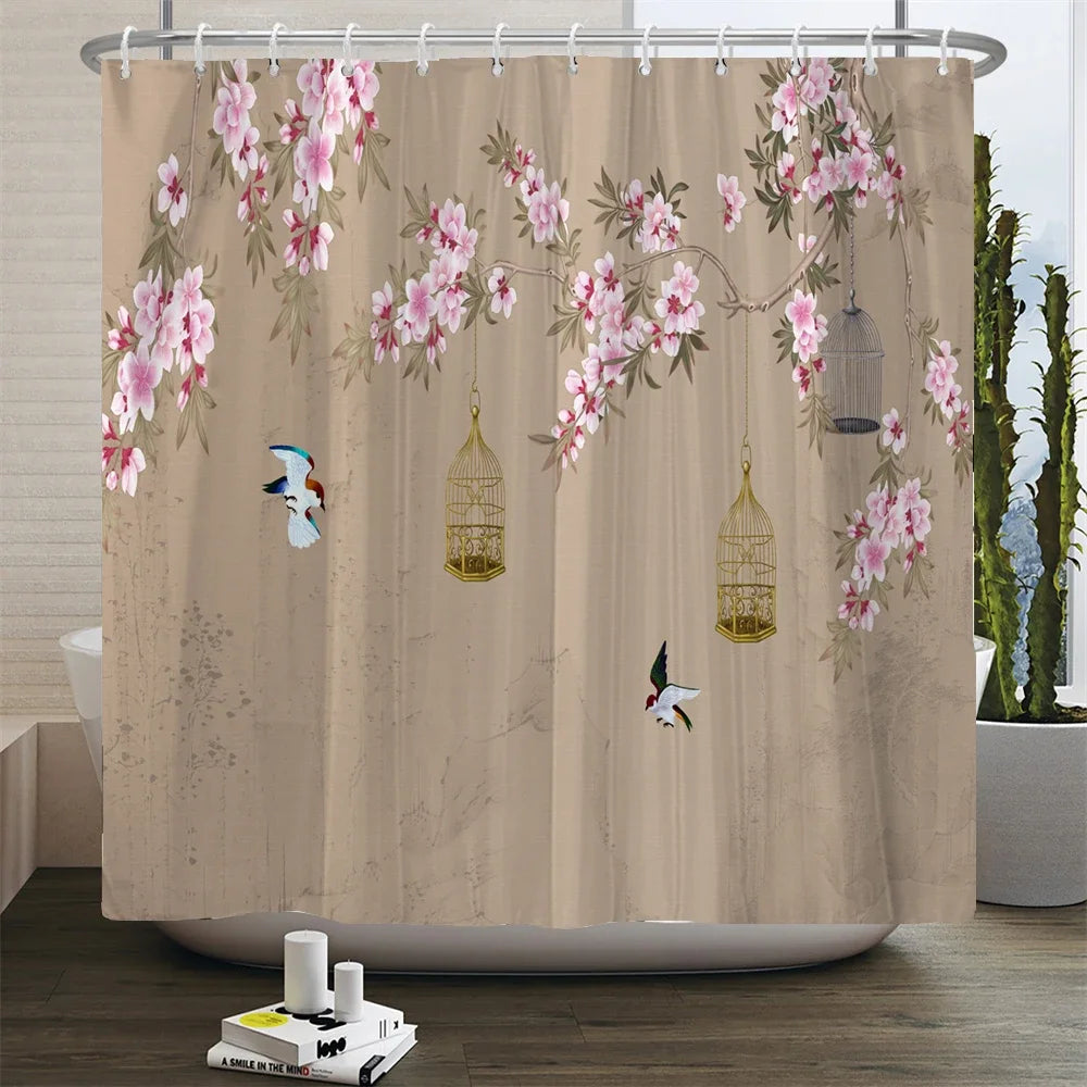 Chinese Style Flower and Birds Tree Shower Curtains