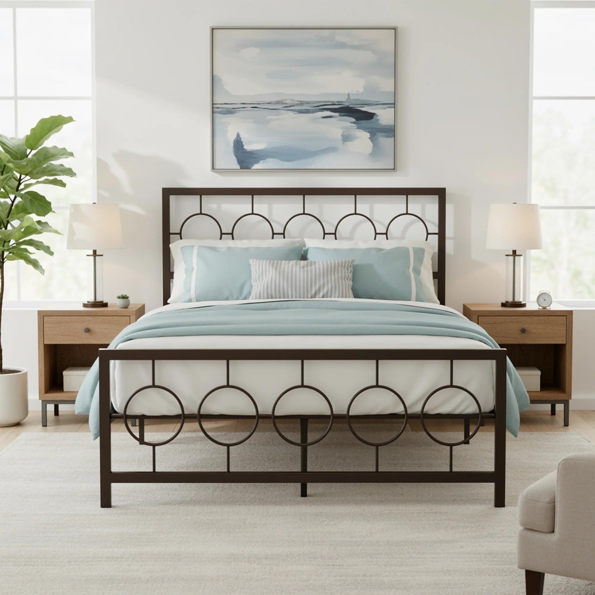 Metal Platform Bed Frame with Vintage Circular Headboard & Footboard,