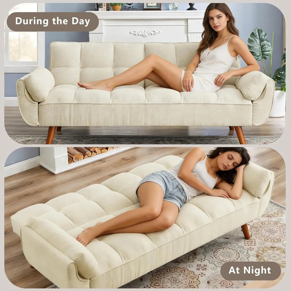 Convertible Sofa Bed Twin Size Linen Futon Couch with Adjustable Backrest