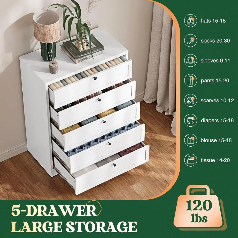 Elegant Tall White Drawer Unit with 5 Metal Closet Drawers, Ideal for Bedroom, Entryway Storage Solutions