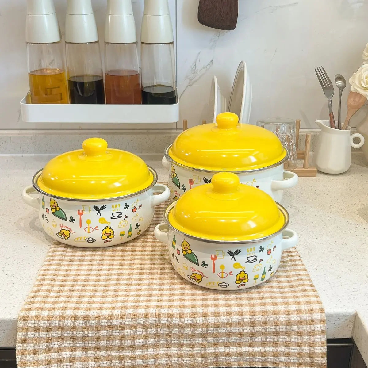 3-piece Set of Thickened Cartoon Enamel Household Cookware
