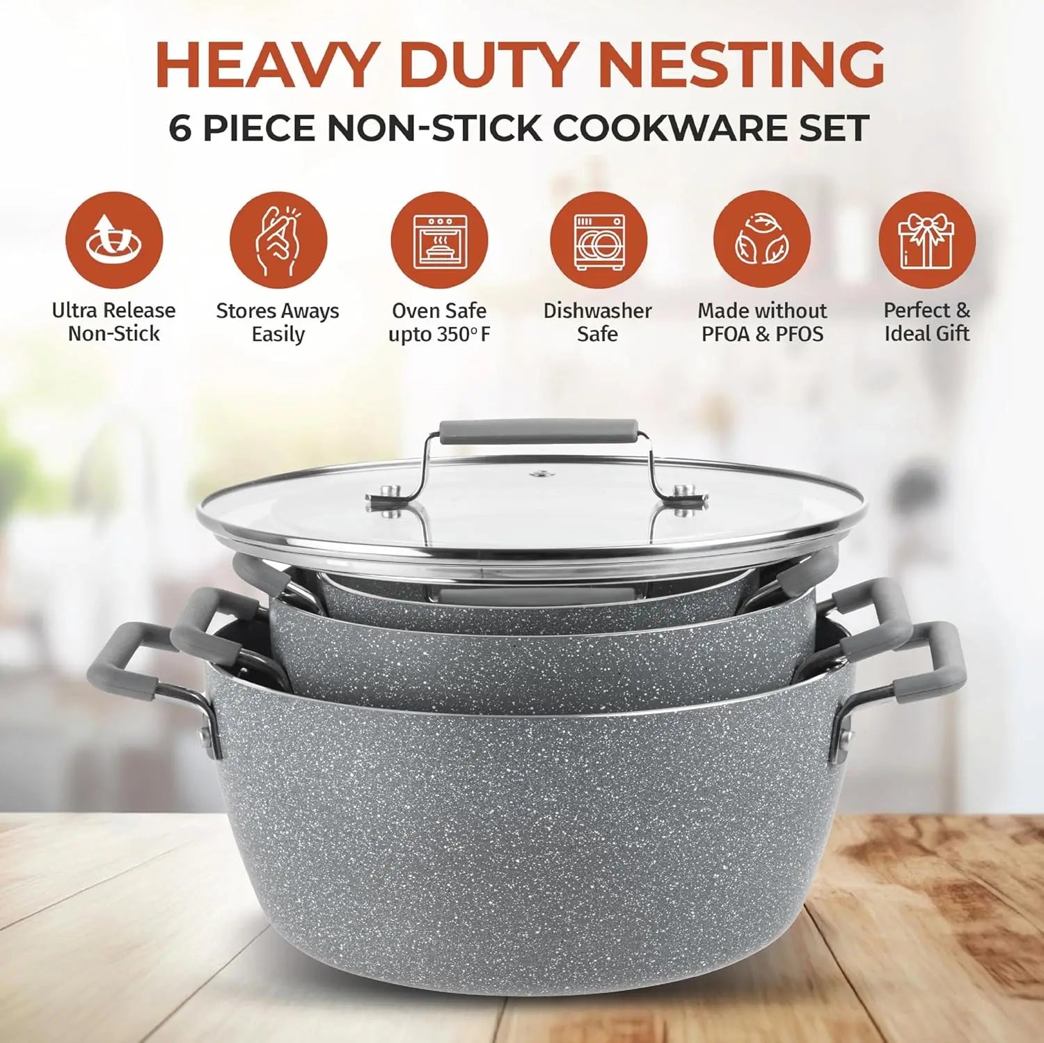 Nonstick Pots and Pans Set, 6 Piece Stackable Cookware with Lids, Stay Cool Handles Dishwasher Safe