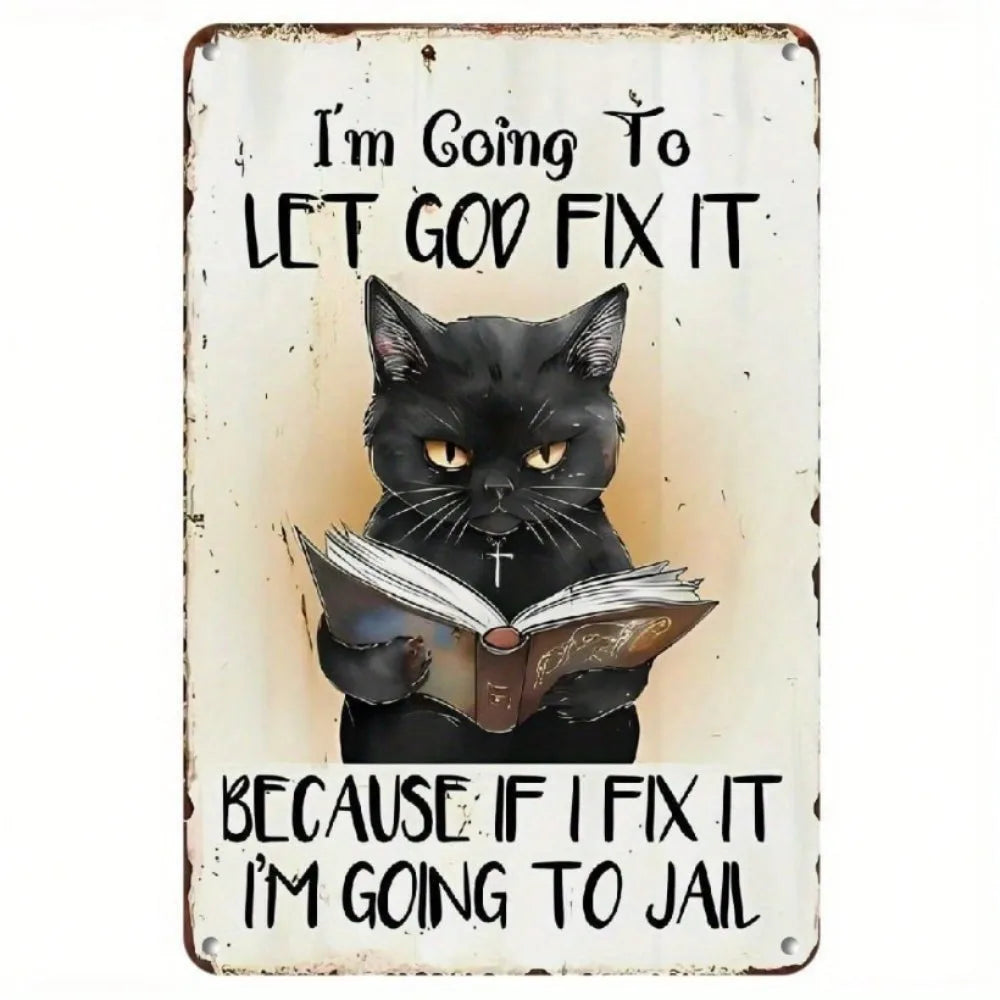 Heavy Wrought Iron Wall Decor - Christian Black Cat with Cross Vintage Hanging Art