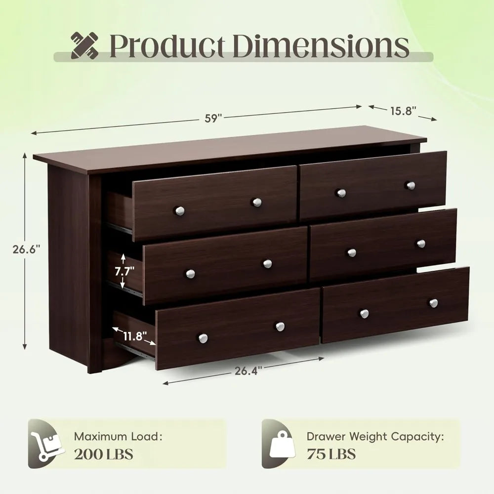 Dresser for Bedroom, 6 Wood Dresser Drawers