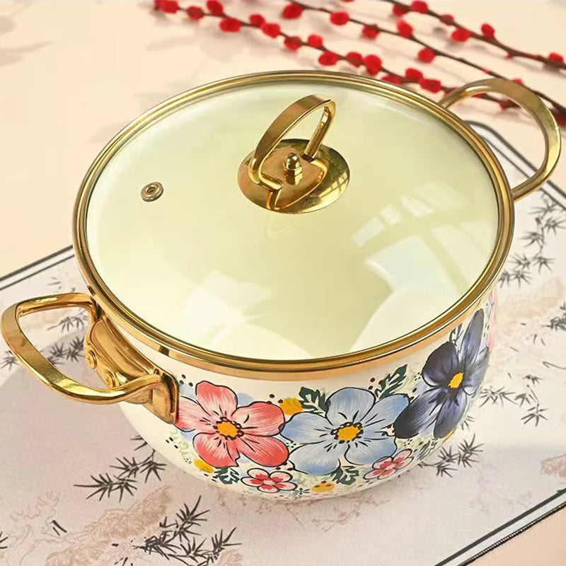 Cookware Enamel Stew Pot Double Handle Classical Flowers Thickened Cooking Pan