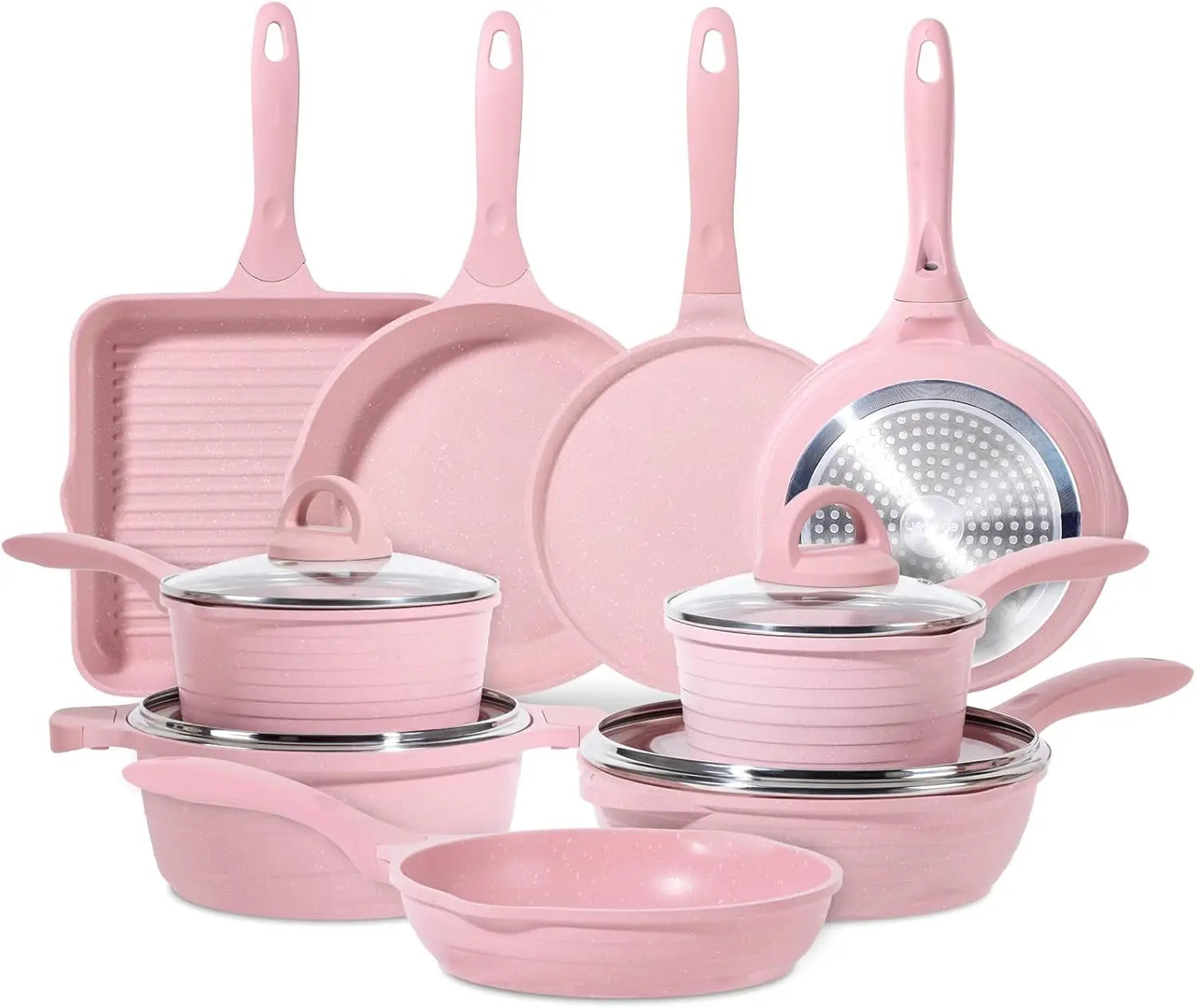 23pc Nonstick Pink Pots and Pans Set, PFAS-Free Healthy Kitchen Cookware, Induction Safe Frying Pans Saucepans Griddle Crepe Pan