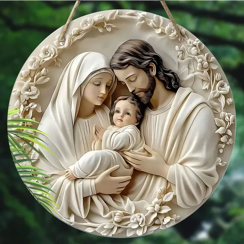2D Baptism Pray Faith Theme Family Wooden Round Hanging Sign Wall or Door Decor Wall Art