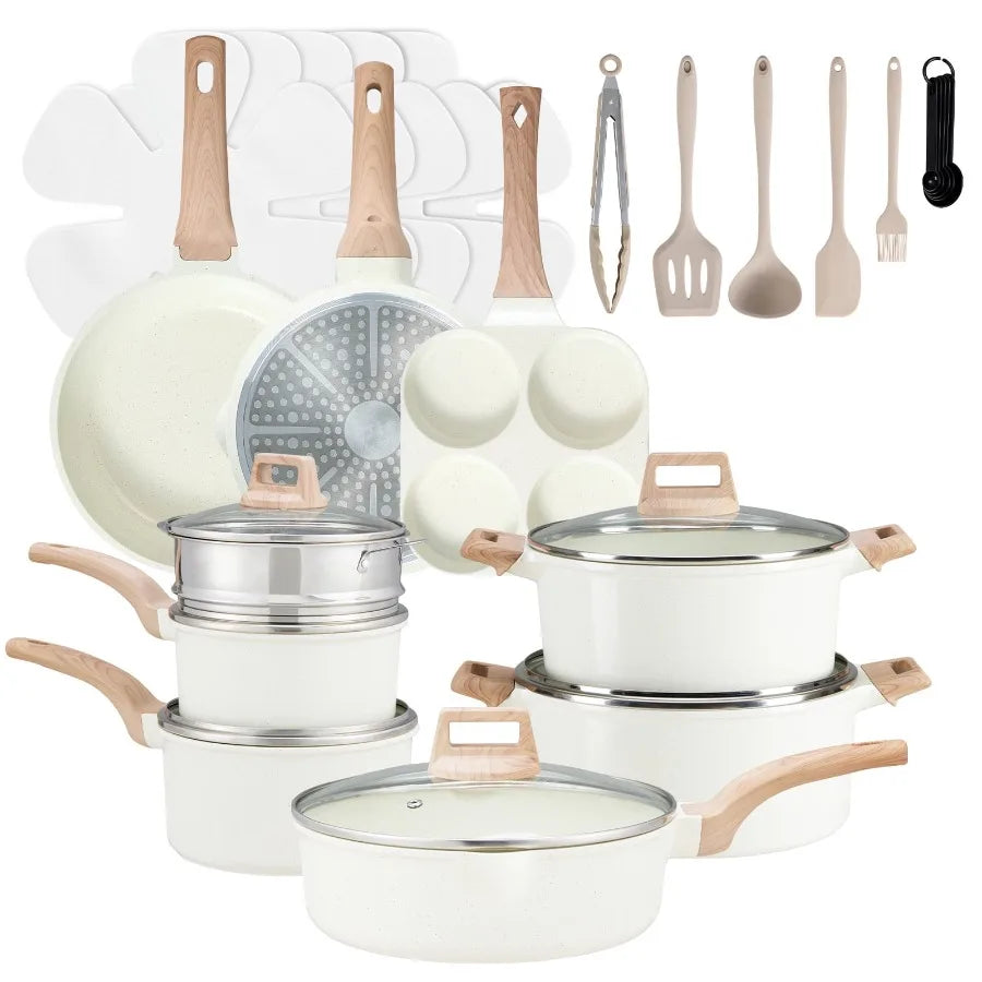 Nonstick Cooking Set 25 Pcs White Granite Pots and Pans for Induction Cooktops Durable Lightweight Kitchen Cookware with Lids