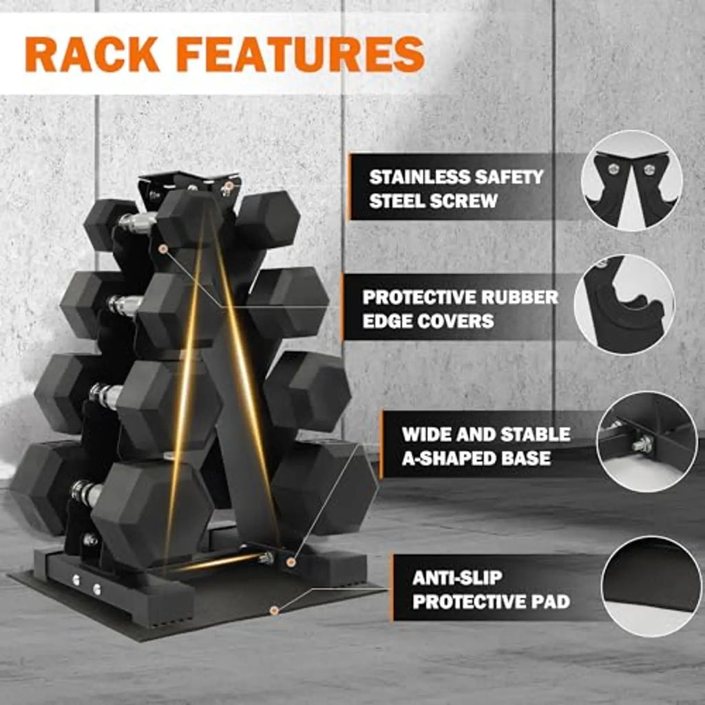 Rubber Coated Anti-Slip Grip Dumbbell Set with Storage Rack