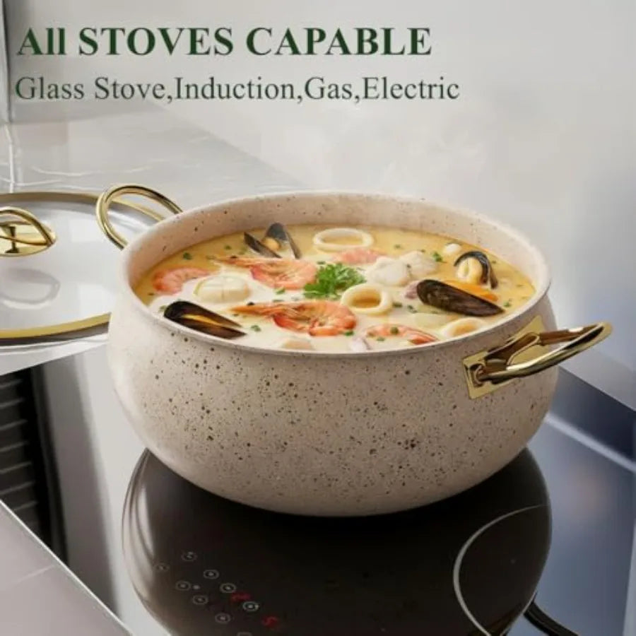 Beige 5-Ply Stainless Steel Cookware Set 12Pcs Nonstick Pots and Pans