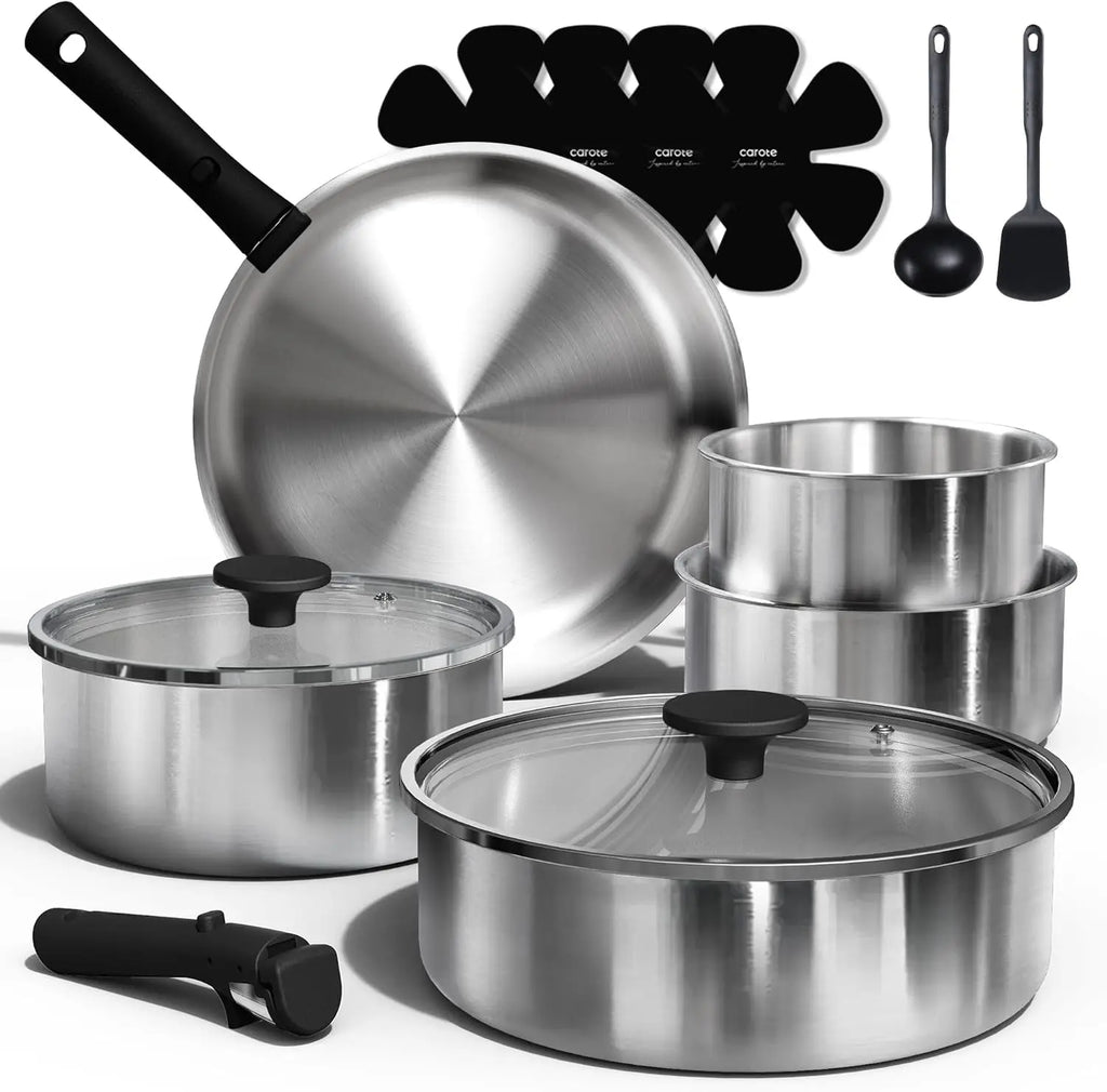 15pcs Stainless Steel Cookware Set Detachable Handle