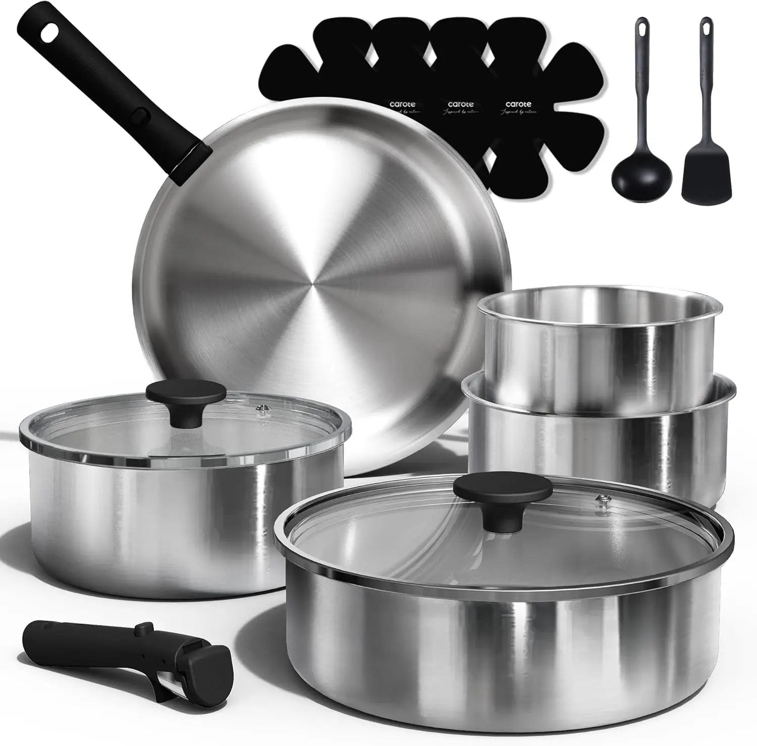 15pcs Stainless Steel Cookware Set Detachable Handle