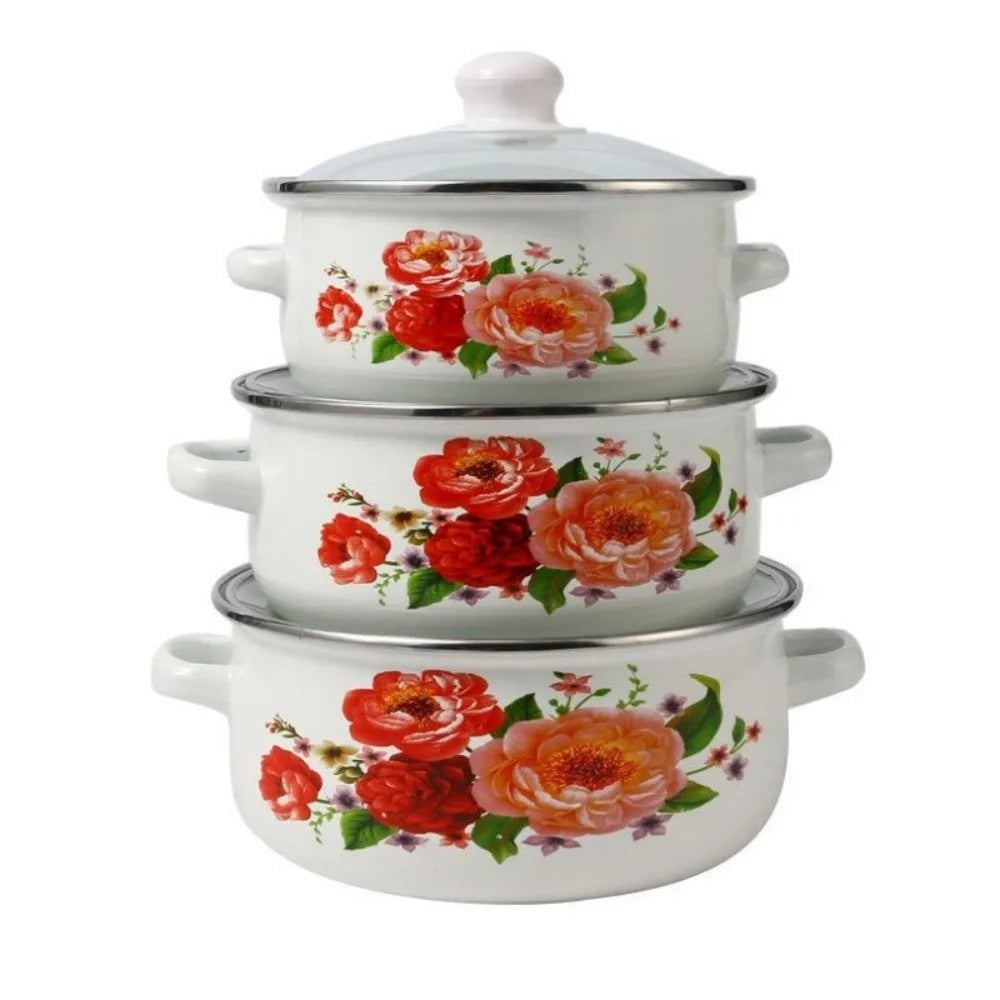 3pcs 16/18/20cm Pot Visible with Lid Kitchen Cookware Set Multi-Purpose Floral Cooking Tools Gas Induction Cooker
