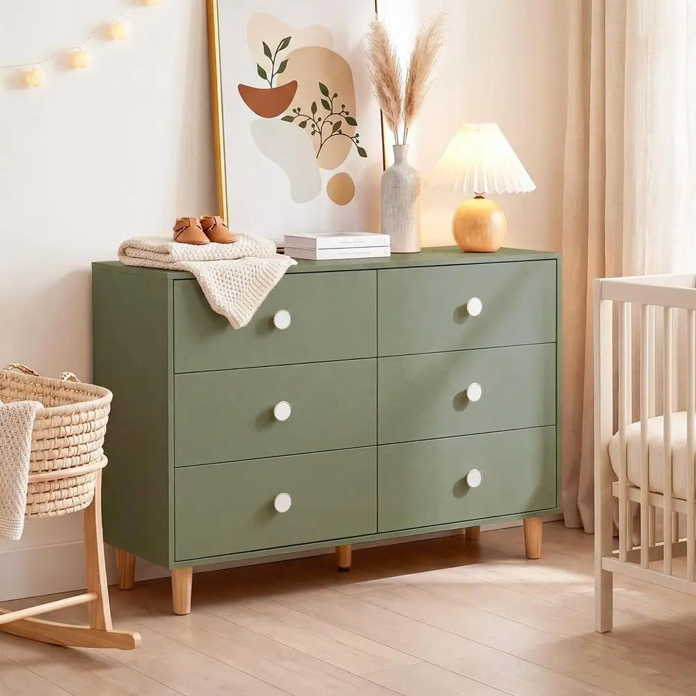 White Baby Dresser 6-Drawer Storage Dresser with Solid Wood Legs for Kids Bedroom Wide Chest Organizer for Baby Clothes Toys Nursery Essentials