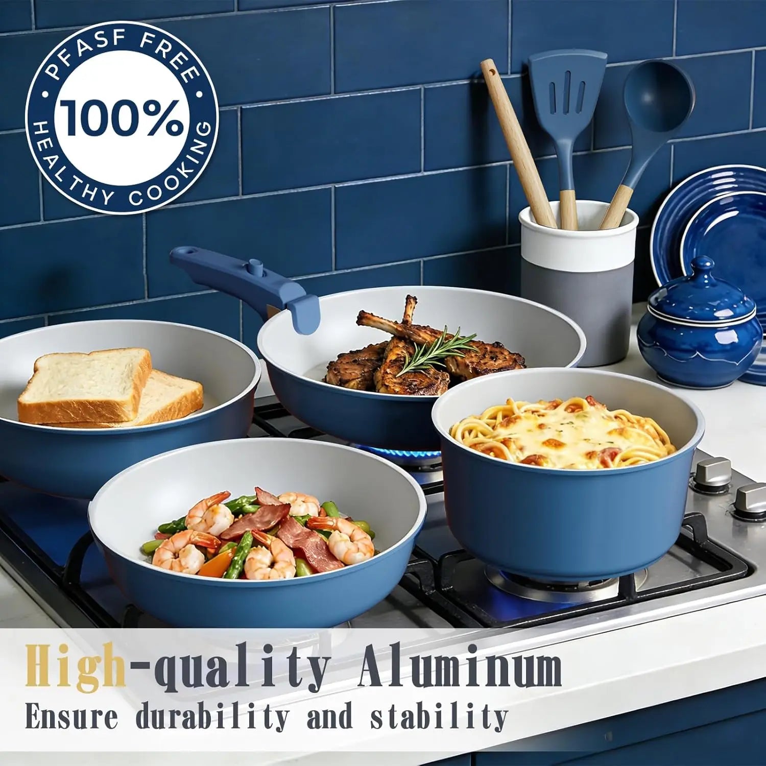 Non Stick Pots and Pans Set, 21 Pcs Ceramic Cookware with Detachable Handles