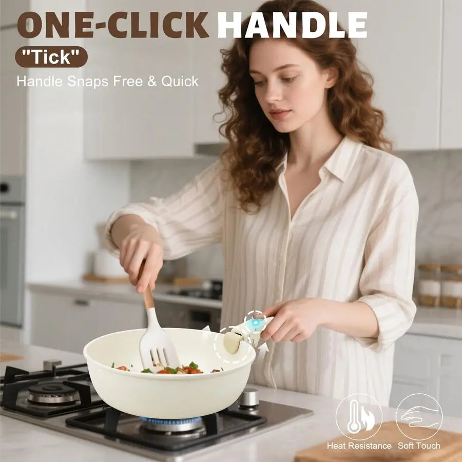 10 pcs Pots and Pan Set Non Stick with Detachable Handle, Ceramic Cookware Set