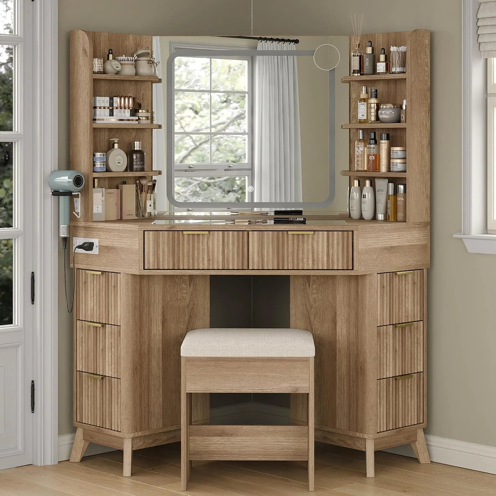 Modern Glass top Corner Vanity Desk with Buil-in Speaker
