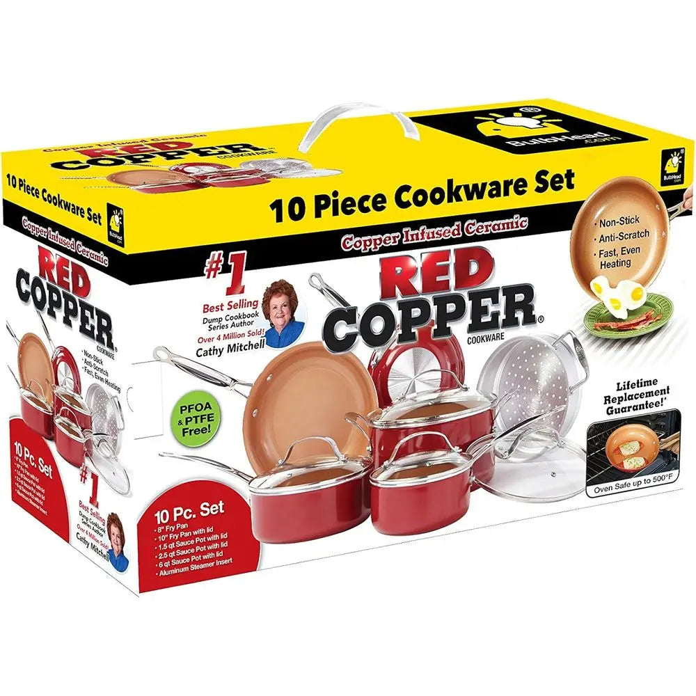 10 Pcs Red Copper Cookware Set Copper-Infused Ceramic Non-Stick Pots Pans Kitchen Cooking Tools