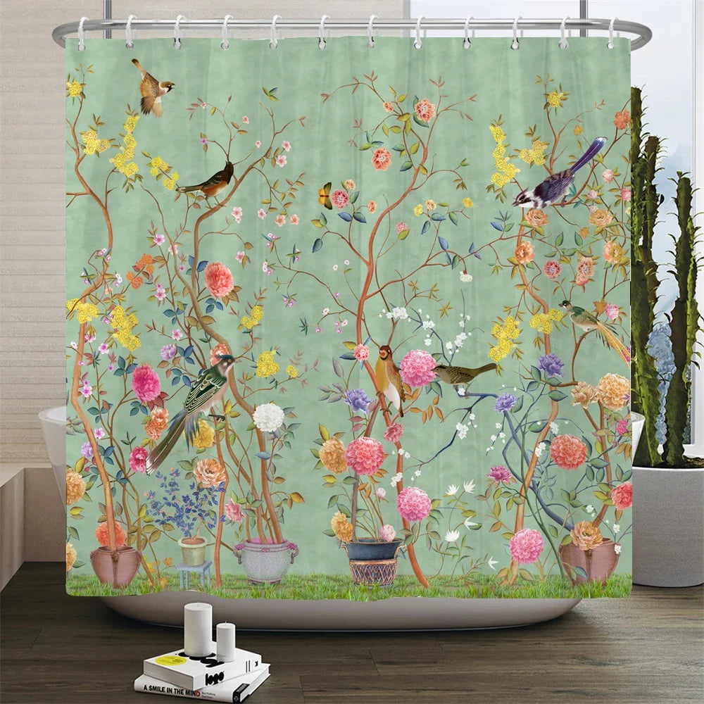 Chinese Style Flower and Birds Tree Shower Curtains