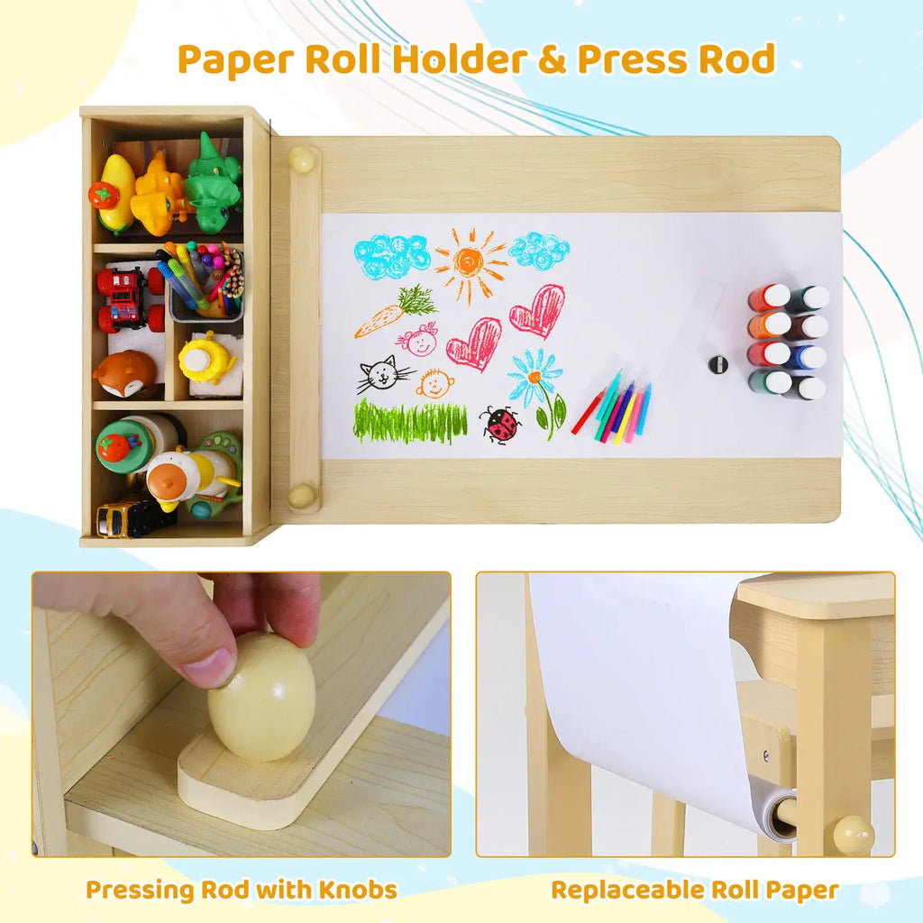 Kids Art Table with 2 wooden Chairs and Storage Shelves.