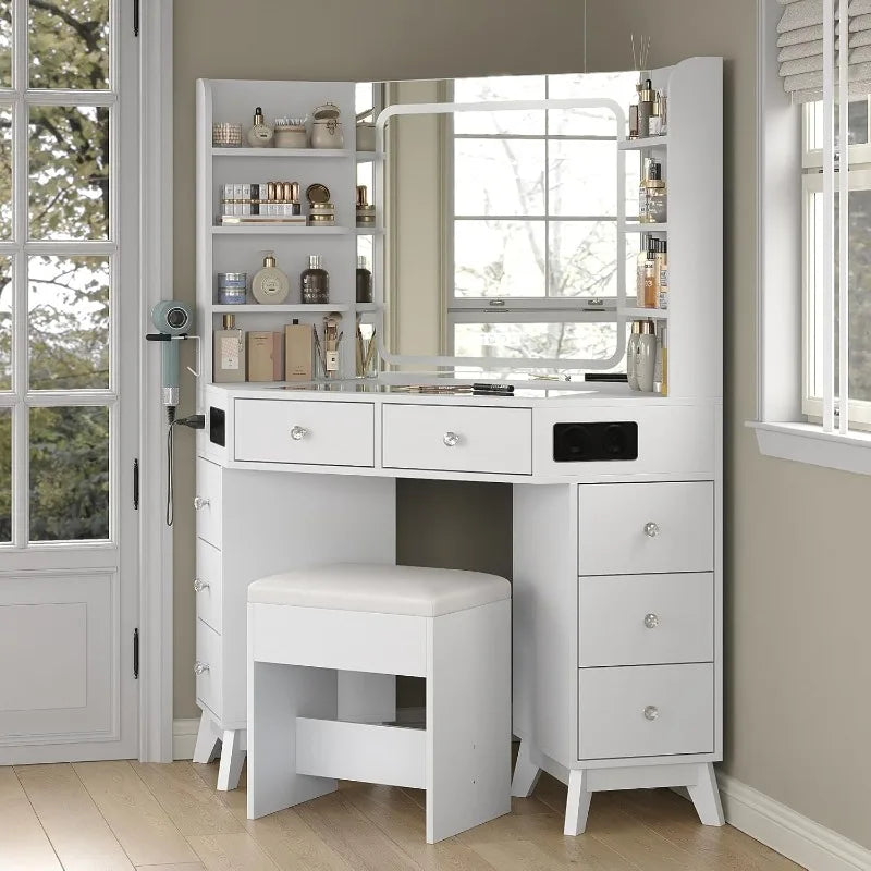 Modern Glass top Corner Vanity Desk with Buil-in Speaker