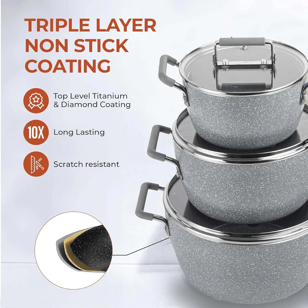 Nonstick Pots and Pans Set, 6 Piece Stackable Cookware with Lids, Stay Cool Handles Dishwasher Safe
