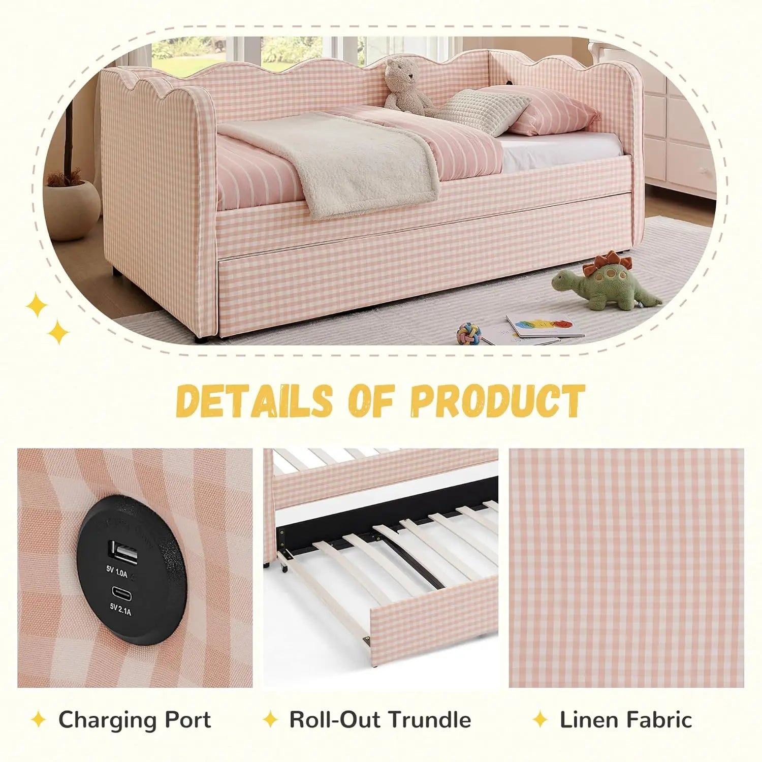 Twin Upholstered Daybed Extendable Linen Sofa Bed
