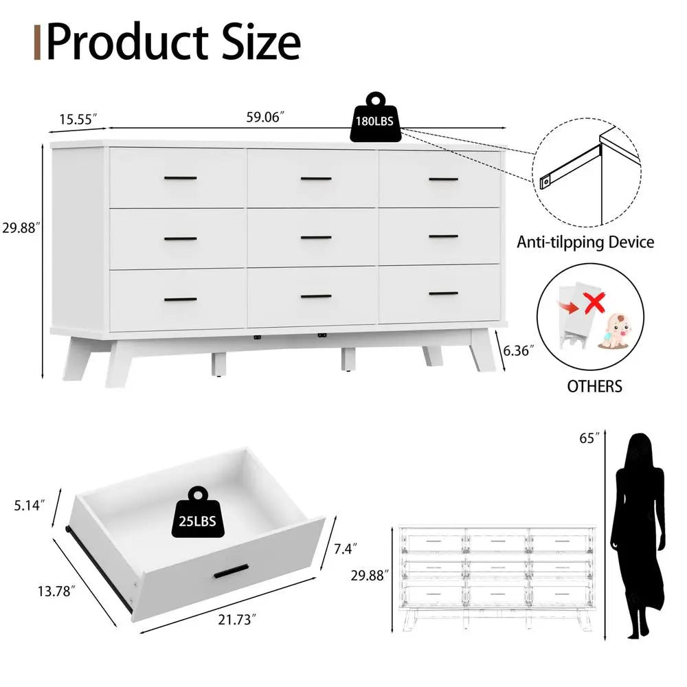 Dresser 9 Drawer Wide Modern
