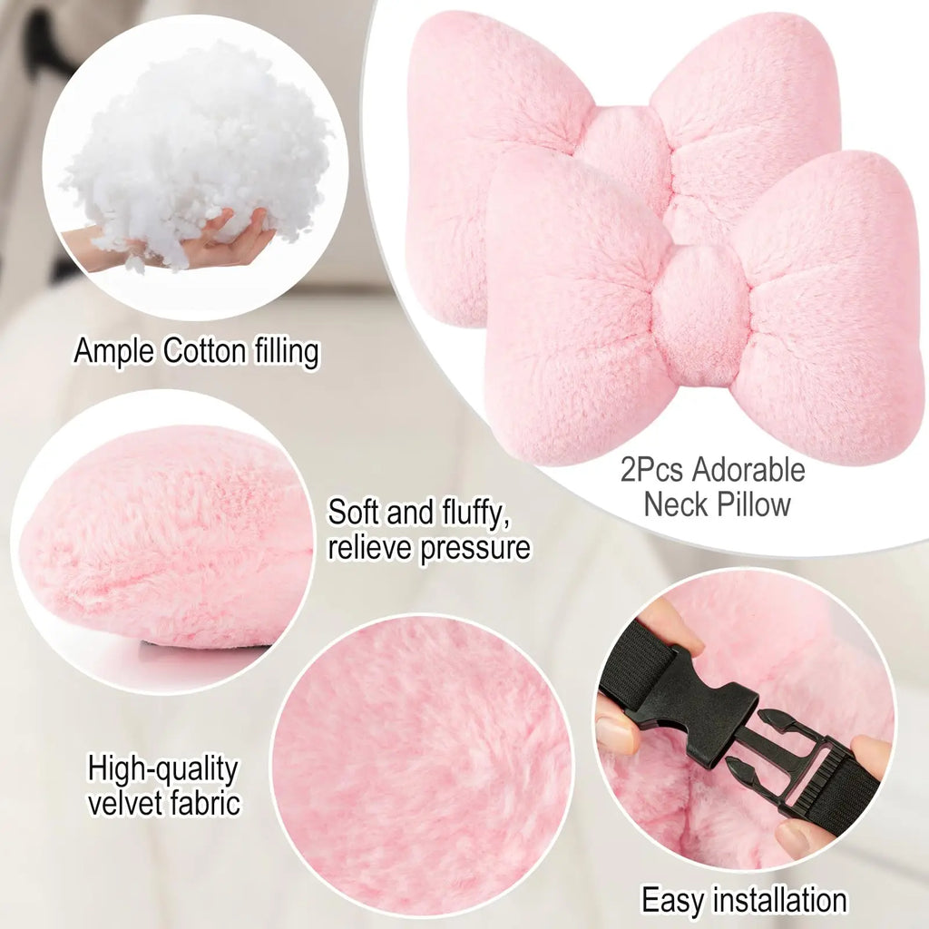2 Pcs Car Neck Pillow Soft Plush Bow Headrest Support Comfortable