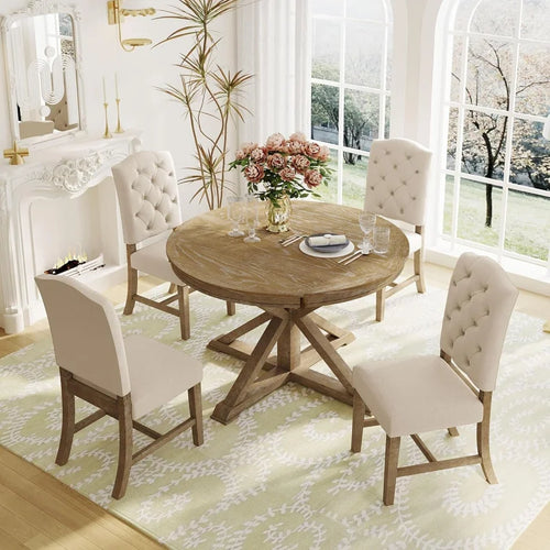 5-Piece Solid Wood Extendable Round Kitchen Table Set with 4