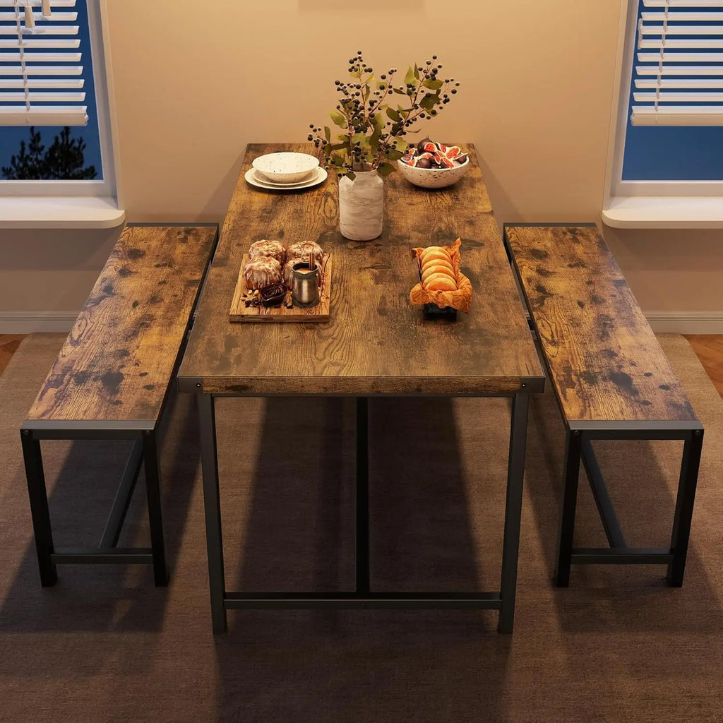 Rectangular Dining Table Set for 4, with 2 Metal Wood Benches