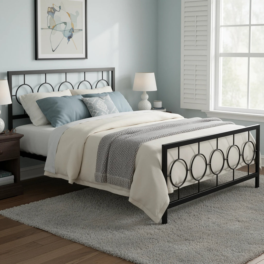 Metal Platform Bed Frame with Vintage Circular Headboard & Footboard,