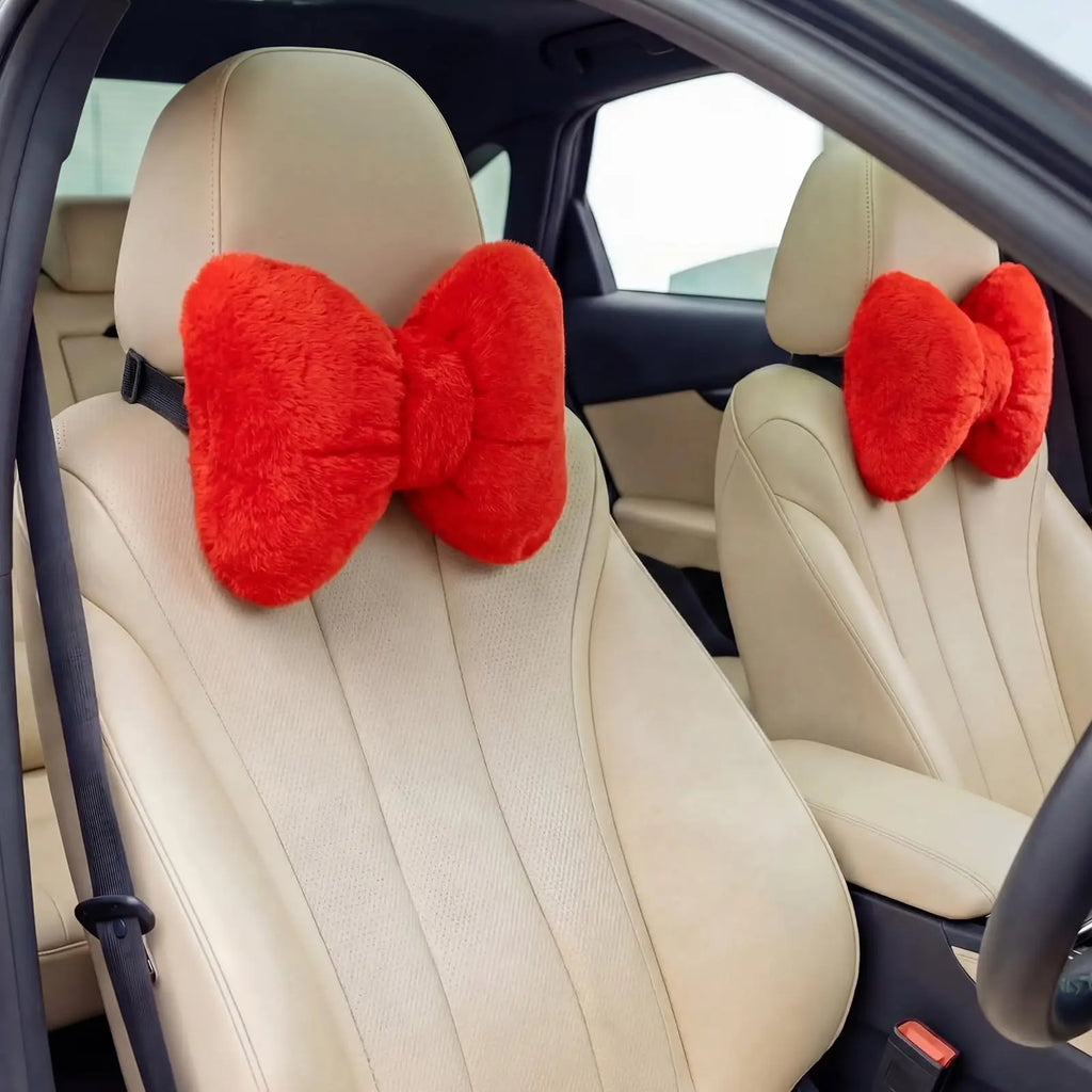 2 Pcs Car Neck Pillow Soft Plush Bow Headrest Support Comfortable